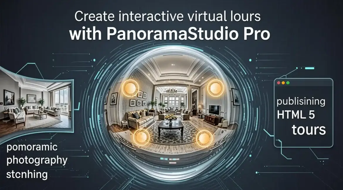 Create interactive virtual tours with PanoramaStudio Pro — a complete step by step guide covering panoramic photography, stitching, hotspots, and publishing HTML5 tours